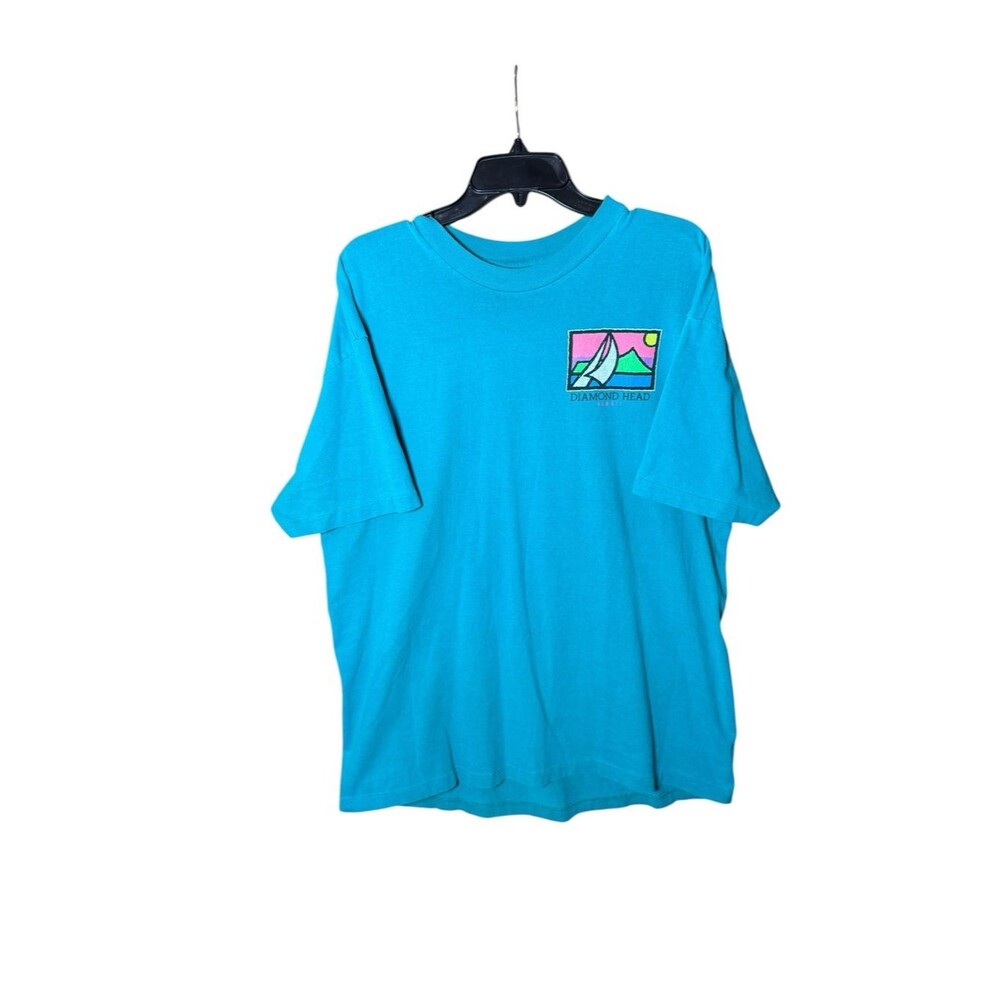 Vintage 90s Hanes Diamond Head Hawaii Bright Blue & Pink Graphic T-Shirt XL